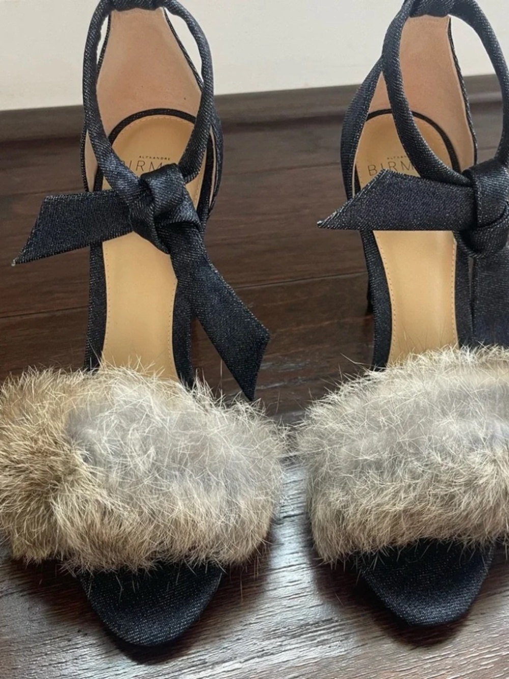 Alexandre Birman Clarita 100 Rabbit Fur Denim Sandals Size 39 NIB